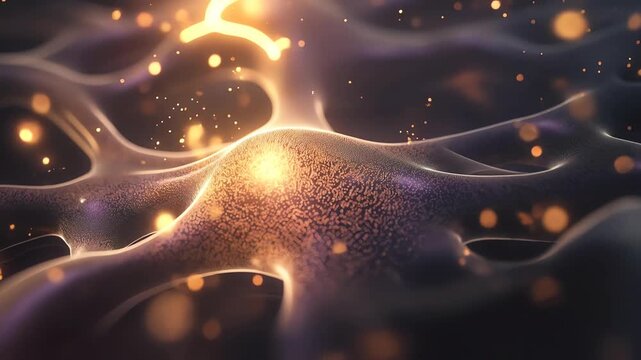 Abstract purple organic web with golden data streams flowing macro