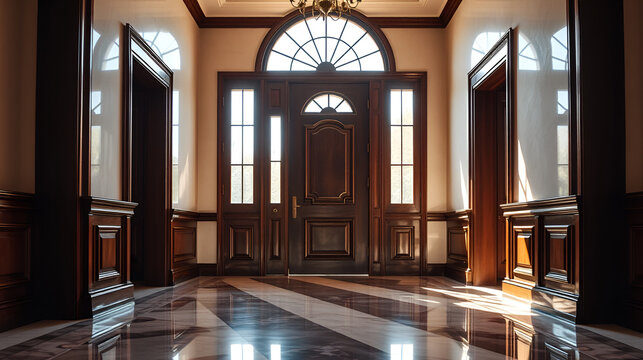 Elegant wooden door with sidelights and transom window in luxurious interior hallway with shiny marble floor reflecting sunlight