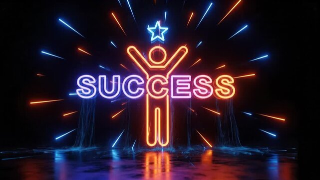 Neon Success Figure with Star and Bursting Lights - Victory Concept