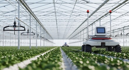 Naklejka premium Advanced autonomous robot navigating through rows of crops in a modern greenhouse with precision farming technology and automated irrigation systems for efficient agricultural production