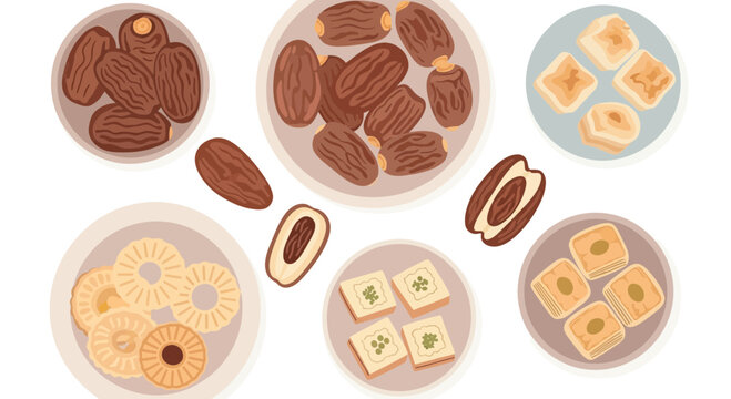 Assortment of Middle Eastern Sweets and Dates in Bowls.