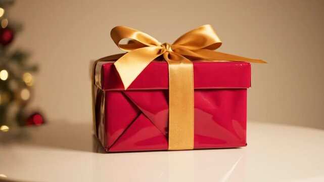 Festive red gift box with gold satin ribbon on a white surface