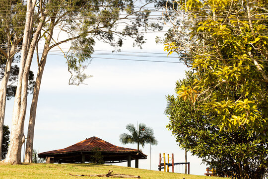 Gramado, &aacute;rvores, casa de telha de barro e c&eacute;u azul. 