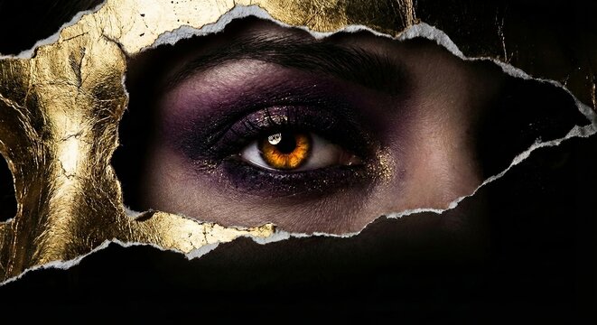 Mysterious eye with purple makeup looking through torn hole in textured gold foil paper