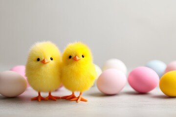 Fototapeta premium Cute Smiling Chicks with Pastel Easter Eggs for Spring Celebration