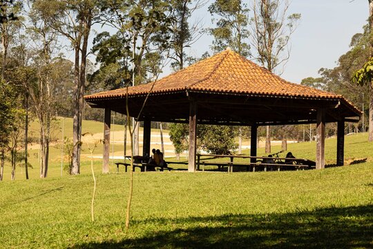 Espa&ccedil;o de piquenique com cobertura de telha e gramado em parque da cidade de S&atilde;o Paulo.  