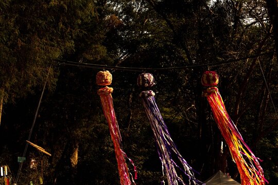 Colorful ribbons swaying in the wind in a city park.