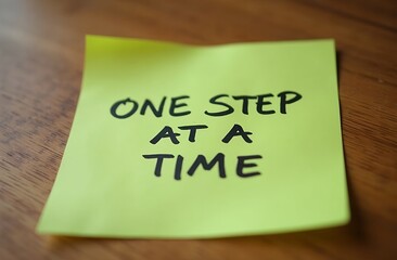 Fototapeta premium green sticky note placed on a wooden desk with the phrase ‘ONE STEP AT A TIME’ written in neat black handwriting