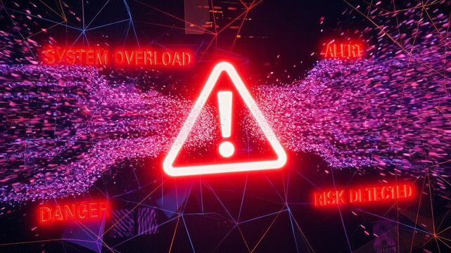 Digital warning sign with red neon glow showing System Overload and Risk Detected text on a tech glitch background. Cybersecurity concept.