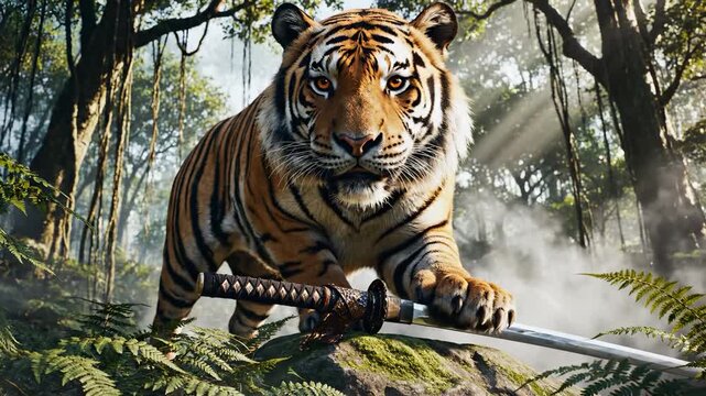 A tiger prowls through a dense forest, showcasing its majestic stripes and fierce presence. The tiger approaches a traditional sword placed on the ground among the foliage.