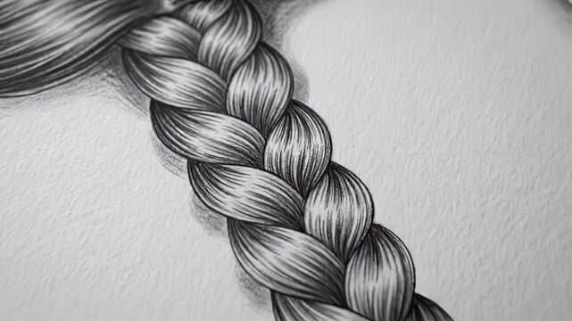 This image features a detailed drawing of a braid. The braid showcases intricate textures and shading techniques in a monochrome style.