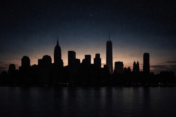 Fototapeta premium Silhouette of a city skyline at dusk with prominent skyscrapers and a calm river reflecting the fading light, creating a dramatic urban landscape