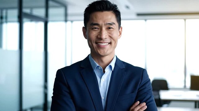 Smiling Asian man in suit with arms crossed, blurred office background