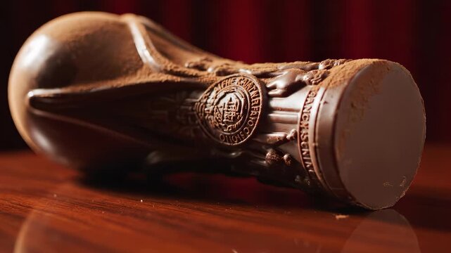 The chocolate object rests on a wooden table, showcasing intricate details. The chocolate object reflects soft lighting against the wine-colored backdrop.