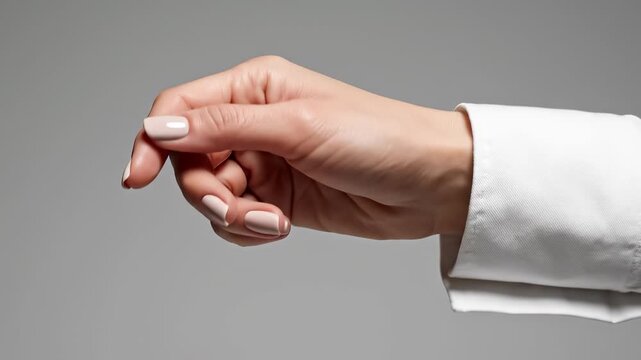A woman&rsquo;s hand reaches out gently, displaying well-groomed nails. The hand wears a white shirt sleeve, accentuating its elegant appearance.