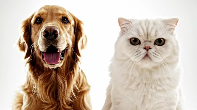 A cute group of two young purebred chihuahua puppies and a brown kitten sitting together on an isolated white background