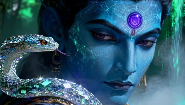 Cinematic close-up portrait of a futuristic Cyberpunk Shiva, blue skin featuring glowing neon constellation circuitry and digital overlays