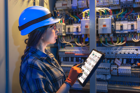 Woman electrician validates switchgear with tablet. Digital control.