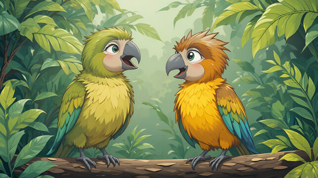 Two parrots singing duet cartoon flat design top view jungle theme cartoon drawing colored pastel