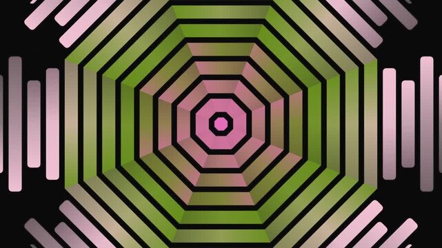 Geometric pattern of concentric hexagons in green, pink, and black hues on a black background with pink accents.