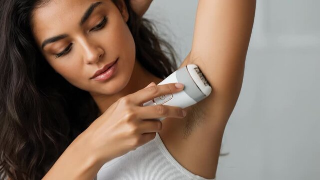 Woman using epilator for smooth underarm skin, beauty routine, hair removal