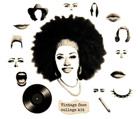 Halftone collage make your own vintage face kit . Exchangeble cut out elements. Newspaper cutout popart sticker set