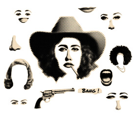 Halftone cut-out collage scrapbook sticker set.. Retro popart western girl. Exchangeble media art design elements.