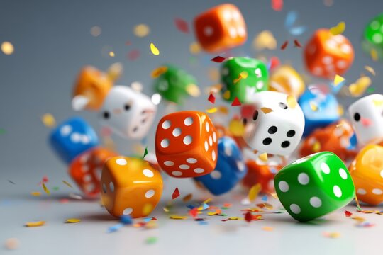 Colorful Dice and Confetti Representing Concept of Financial Jackpot Success