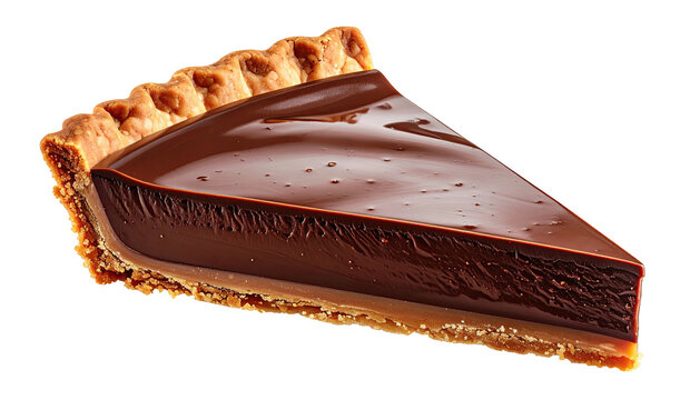 A slice of chocolate caramel tart isolated against a black background