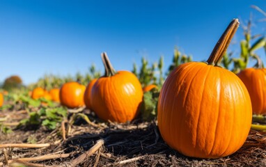 Bright Orange Pumpkins in a Field Under a Clear Blue Sky