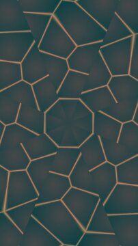 Abstract geometric kaleidoscope pattern background. repeating symmetrical octagon shapes and interconnected network lines in dark teal and gold for motion graphics and digital design.