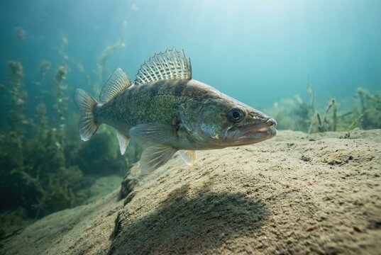 A zander or pike-perch swimming over a sandy bottom in a clear freshwater lake or river.