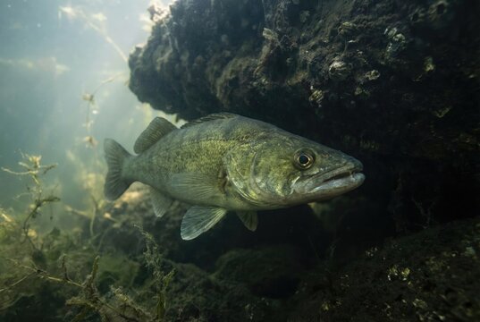 A zander, or pike-perch, hiding in the shadow of a large rock on the bottom of a freshwater lake.