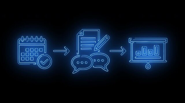 Neon-lit icons depicting a workflow process from planning to presentation on a dark background with a futuristic feel.