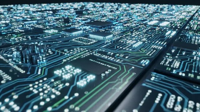 Futuristic circuit board texture with glowing pathways and microchips