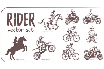 Obraz premium Rider Horseback-Rider Motorcycle-Rider Bike-Rider Rider-Silhouette Riding-Action Rider-Action Motorcycle-Riding Horse-Rider Bike-Riding Vector Set - Rider Action