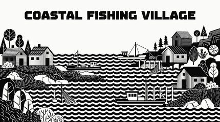 Naklejka premium coastal fishing village rural landscape with wooden houses along shoreline countryside settlement near harbor road and ocean horizon showing community architecture culture environment