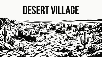 desert village rural landscape with clay houses across arid countryside settlement beside sandy road and open horizon showing traditional community architecture environment © Evan