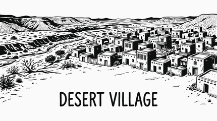 desert village rural landscape with clay houses across arid countryside settlement beside sandy road and open horizon showing traditional community architecture environment © Evan