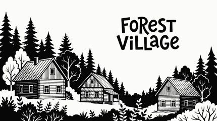 Obraz premium forest village rural landscape black and white with wooden houses surrounded by dense trees countryside settlement along narrow road near green horizon showing community architecture environment