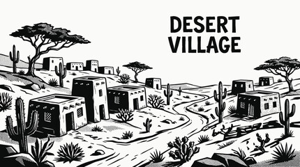 desert village rural landscape with clay houses across arid countryside settlement beside sandy road and open horizon showing traditional community architecture environment © Evan