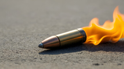 A bullet engulfed in flames lies on a surface, smoke billowing around it.