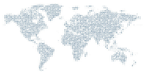 Abstract Typographic World Map Made of Letters and Text in Blue Outline for Global Design