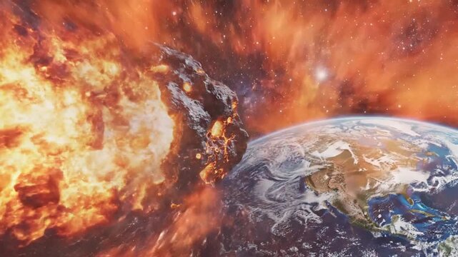 Fiery asteroid approaching Earth in dark outer space