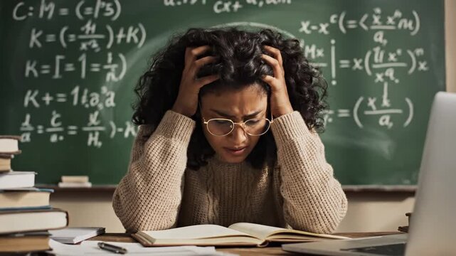 Stressed student overwhelmed by math equations on chalkboard