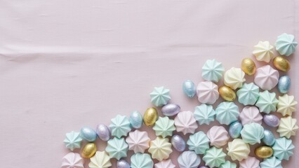 Pastel meringues and chocolate eggs on a pink background