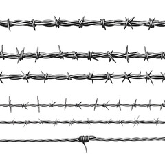 Barbed wire brushes. Brushes for Illustrator to draw barbed wire. Three different versions: unfilled, with white fill and in silhouette.
