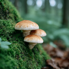 Natural forest mushrooms growing on mossy tree trunk