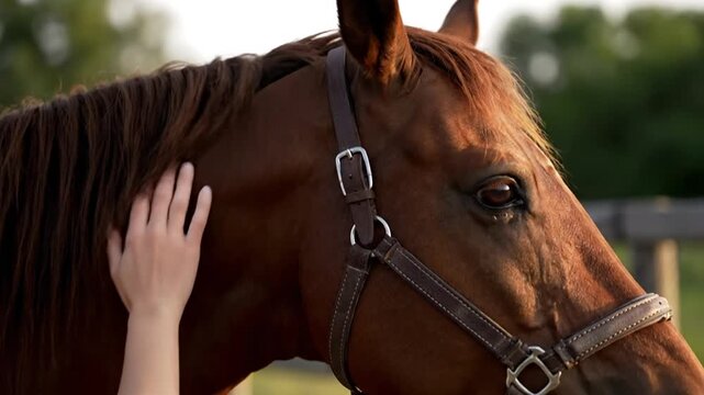 Human hand gently strokes brown horse wearing bridle at sunset