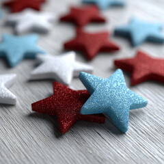 Fototapeta premium Colorful glittery stars on wooden surface in patriotic theme